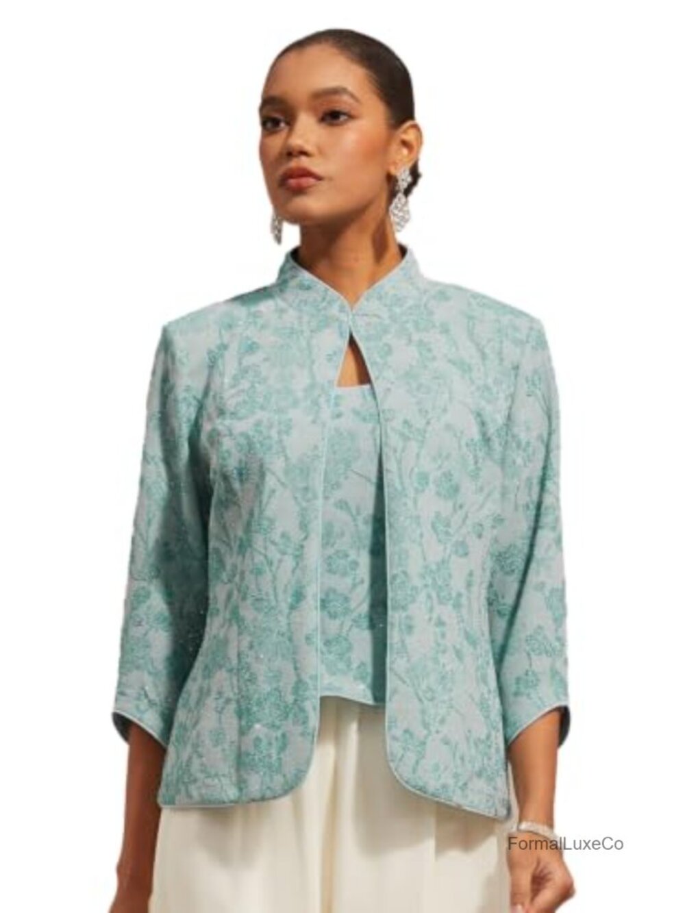 Womens Sparkle Tank Top Jacket Twinset Floral Jacquard Rhinestone 2 Piece Set